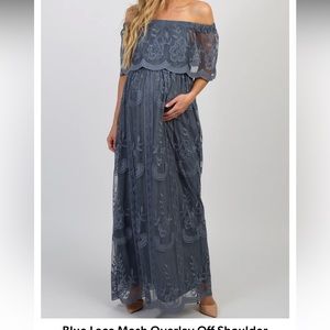 Pink Blush- Blue Lace Mesh Overlay Off Shoulder
Maternity Maxi Dress
